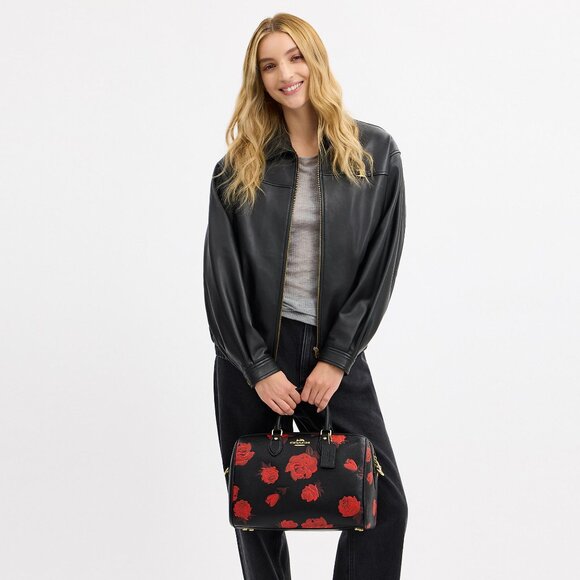 Rowan Large Satchel Bag With Floral Print CCE27 Black Red Packed - Picture 16 of 16